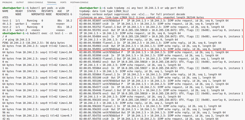 Flannel VXLAN overlay traffic on flannel.1 interface showing cross-node pod packets