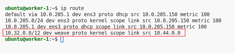 Host routing table showing pod CIDR routed via Weave CNI interface