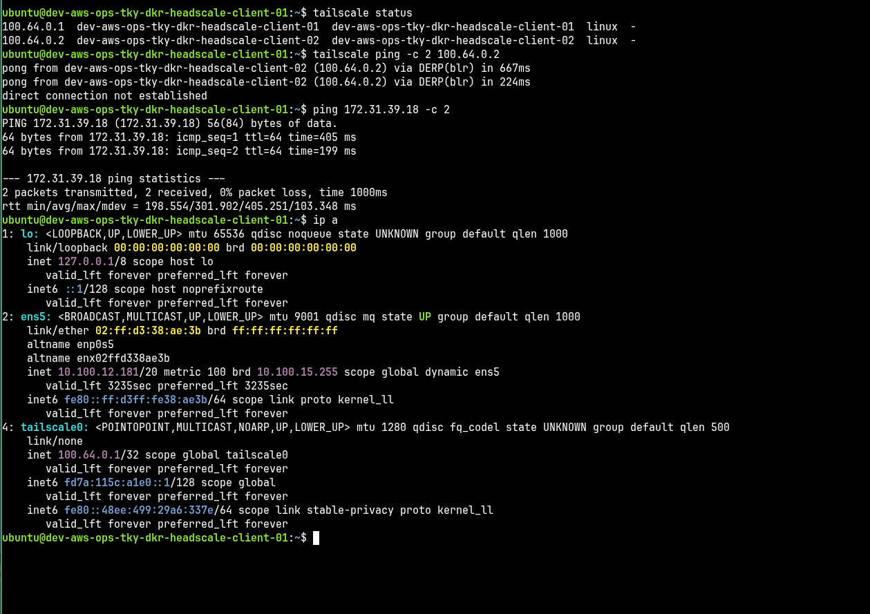 Headscale client 01 showing tailscale status and successful ping to client 02