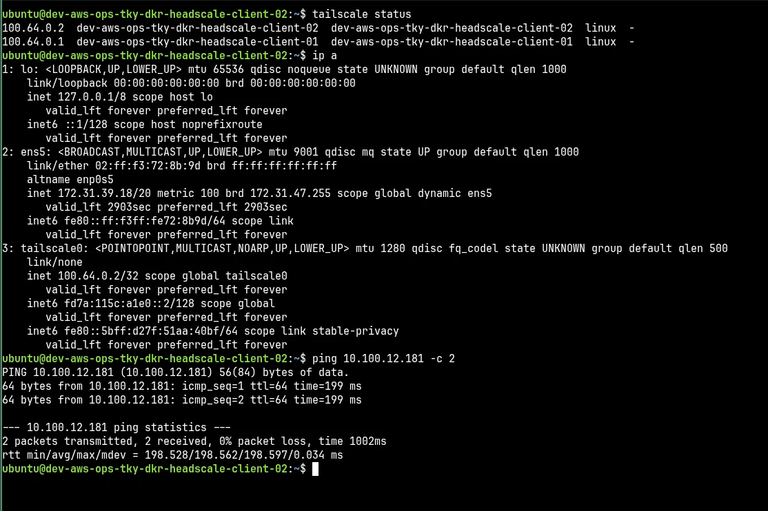 Headscale client 02 showing tailscale status and successful ping to client 01